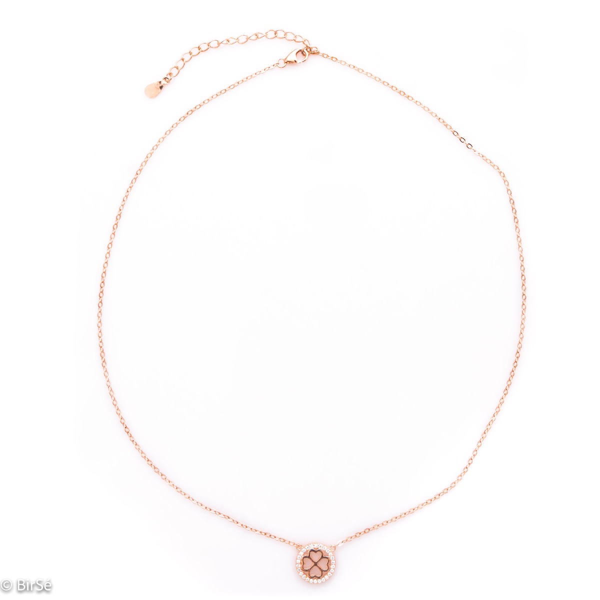 An exquisitely shaped necklace of sparkling rose silver circle, with a beautiful four-leaf clover inside.