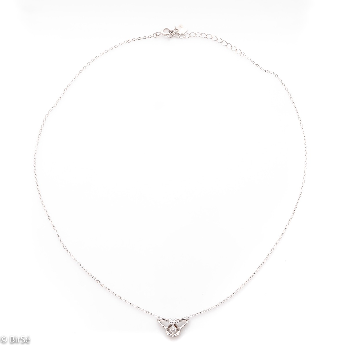 Elegantly crafted women's necklace made of rhodium-plated soft silver with angel wings, spectacularly decorated with zircons. A suitable birthday present for young girls.