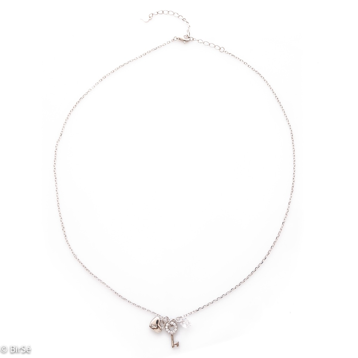 A spectacular women's necklace made of beautiful rhodium-plated silver with several pendants decorated with zircons.  The necklace has an extension for greater convenience in adjusting the size.