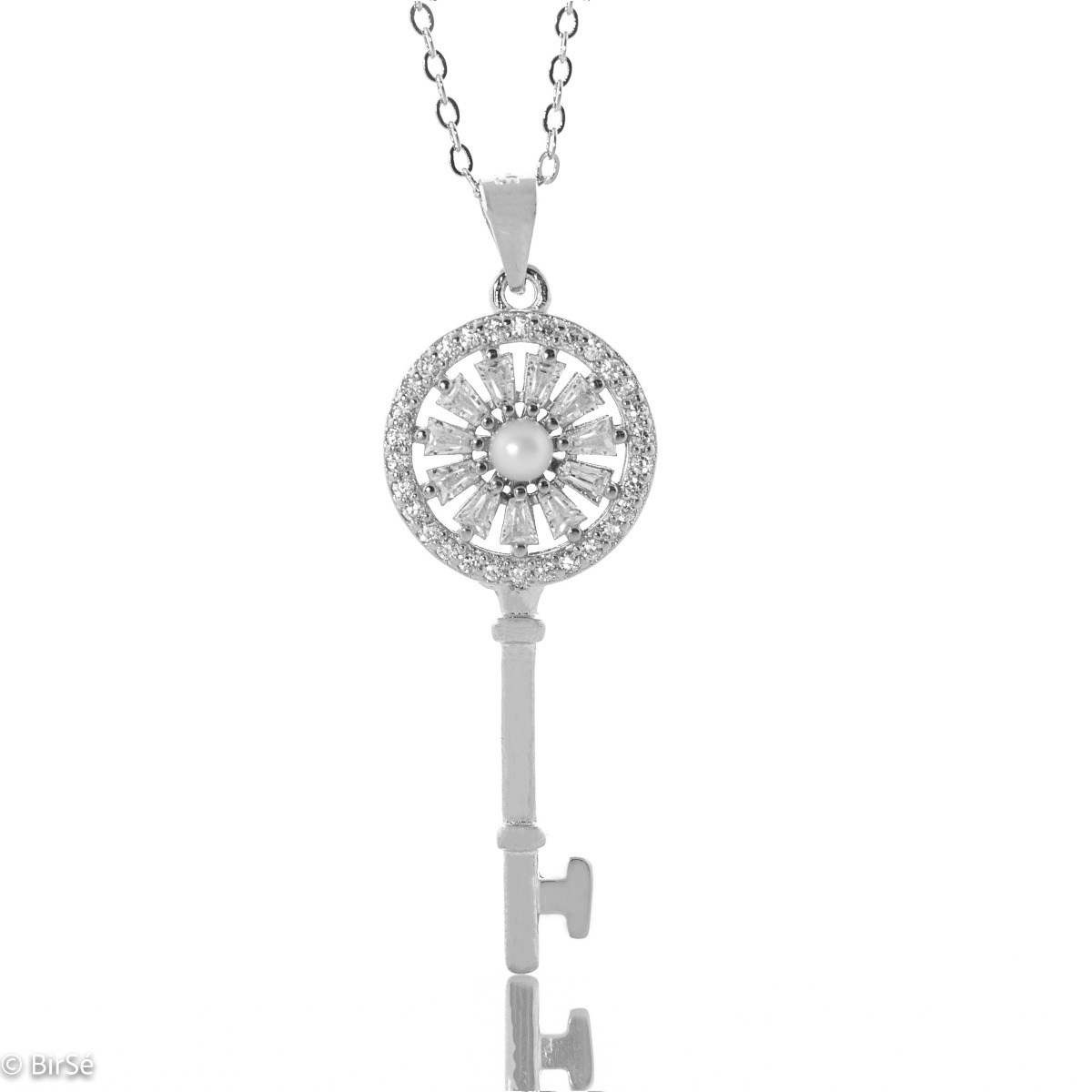 A charmingly beautiful women's key pendant necklace, with a masterful craftsmanship entirely of rhodium-plated silver and zircons, varying in size and shape. A lovely piece of jewellery, a suitable gift for any occasion.