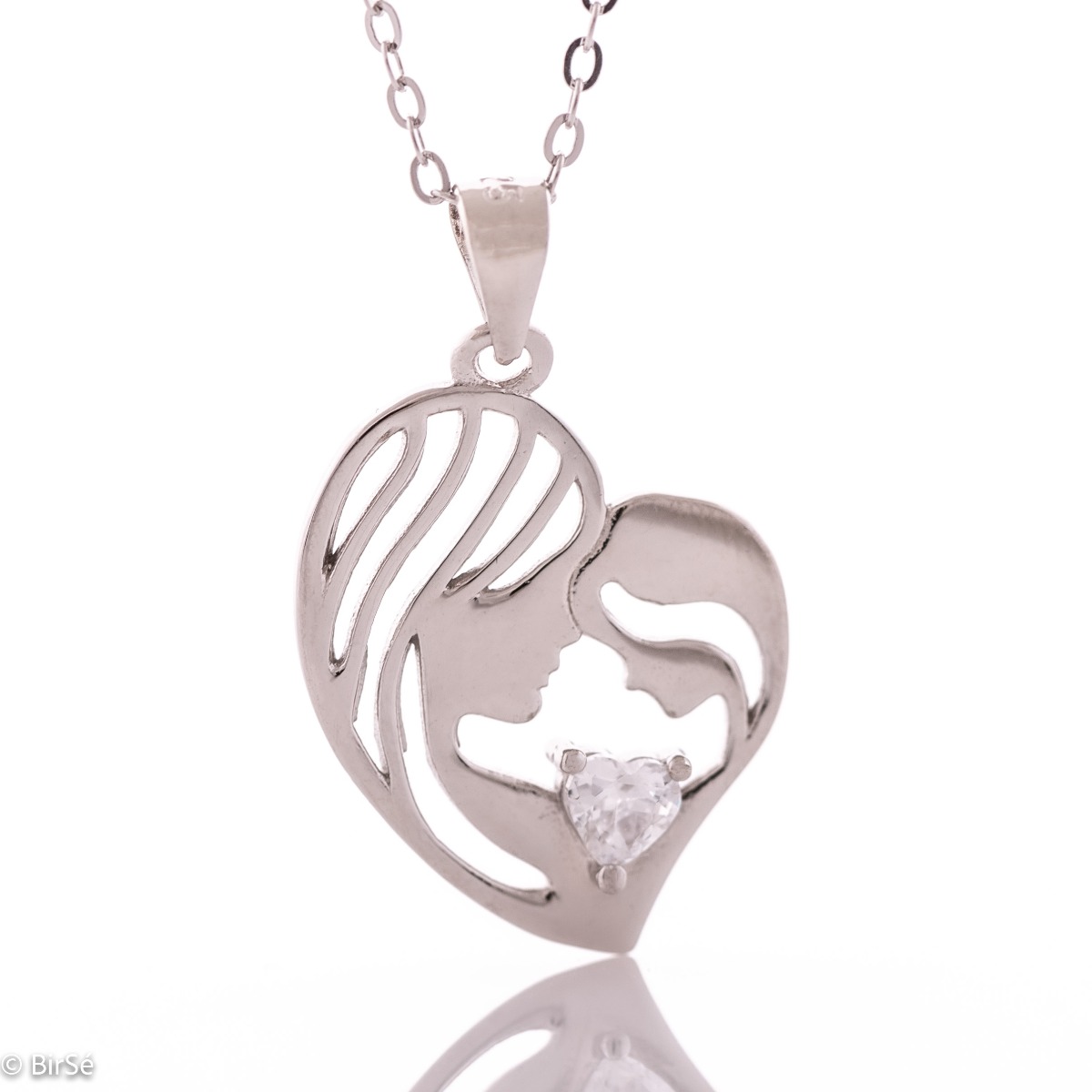 Silver necklace - "Mother's love" is an exquisite piece of jewelry, crafted with great craftsmanship from beautiful rhodium-plated silver. Heart of zircon, gives extra shine to the necklace. A suitable gift for mothers-to-be or for the christening of a ch