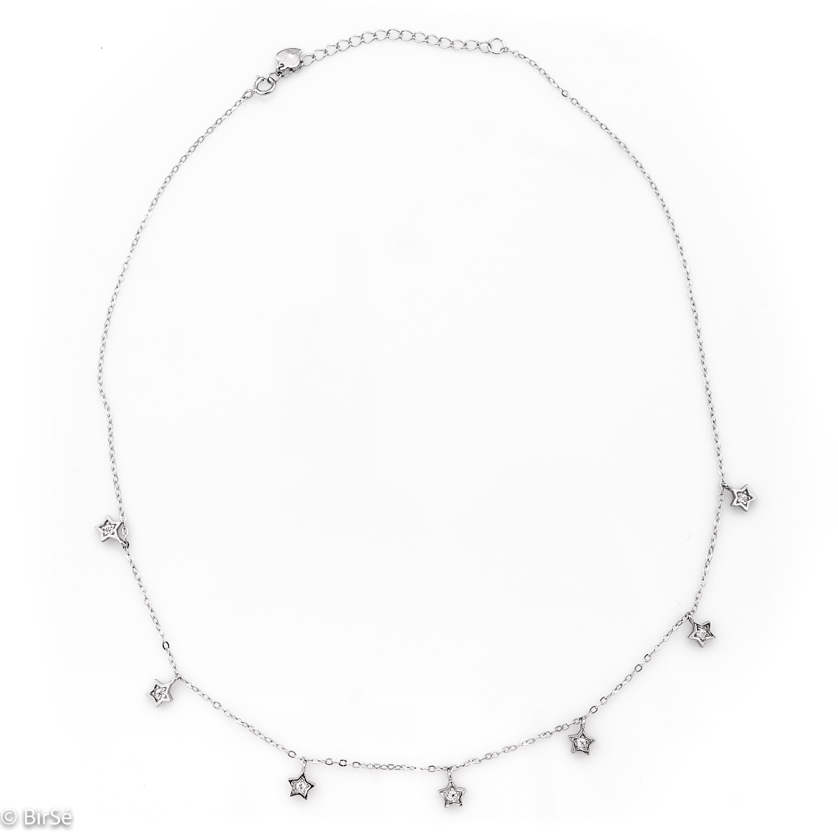 Extremely fine silver necklace with small star elements and delicate workmanship entirely of shiny rhodium-plated silver.