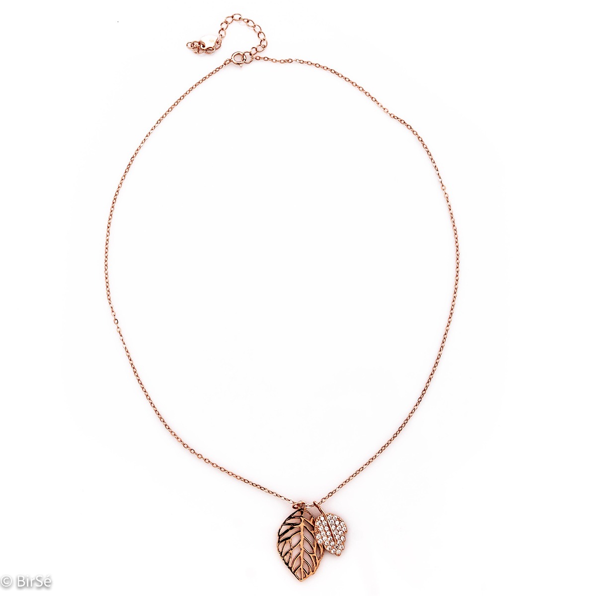 Extremely fine and delicate workmanship of a necklace of soft rhodium-plated rose silver in the shape of a leaf. Stylish design of the details with the addition of sparkling white zircons.