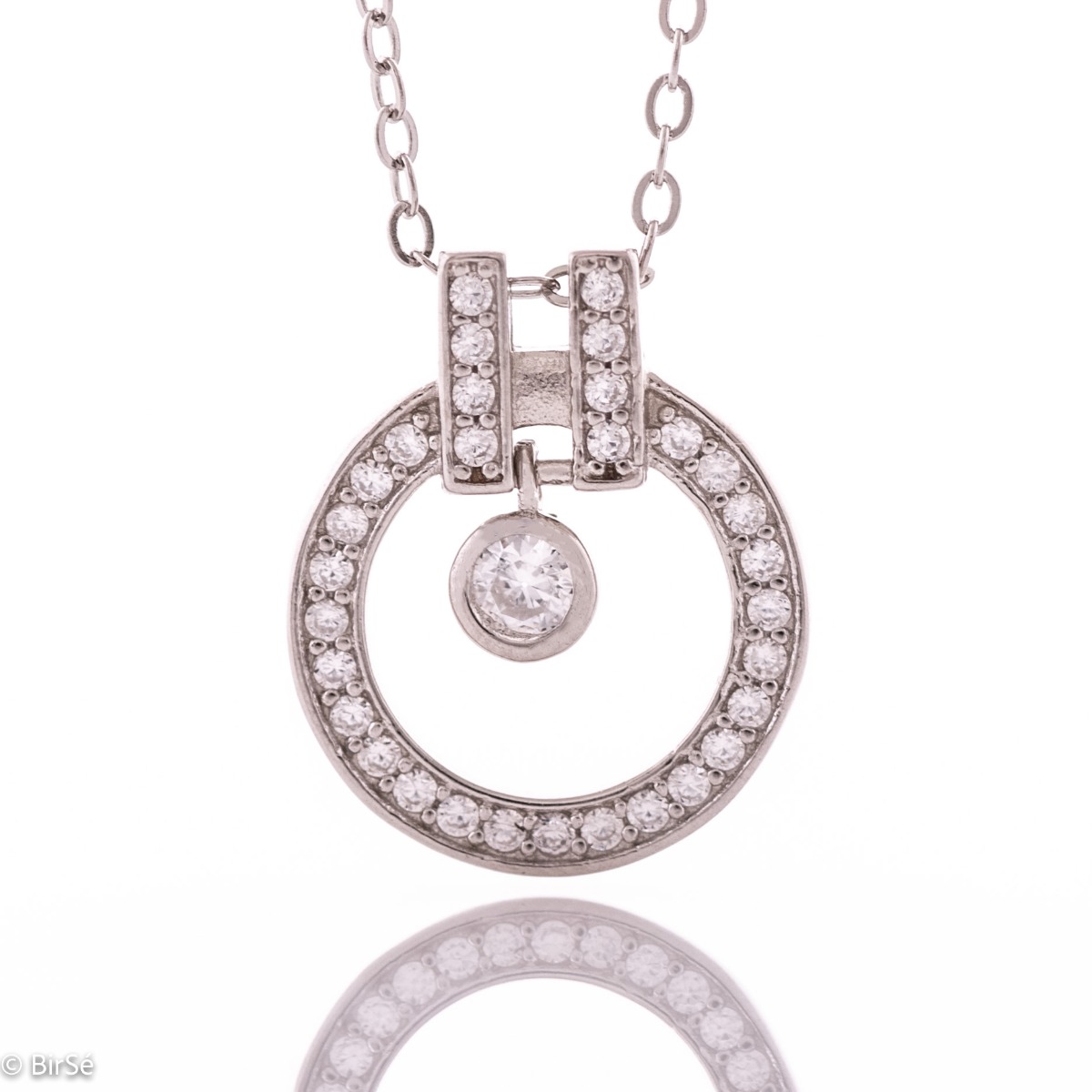 A spectacular women's necklace made of fine rhodium silver with elegantly crafted elements, exquisitely decorated with sparkling zircons. It can be combined with earrings and rings made of silver and zircons.