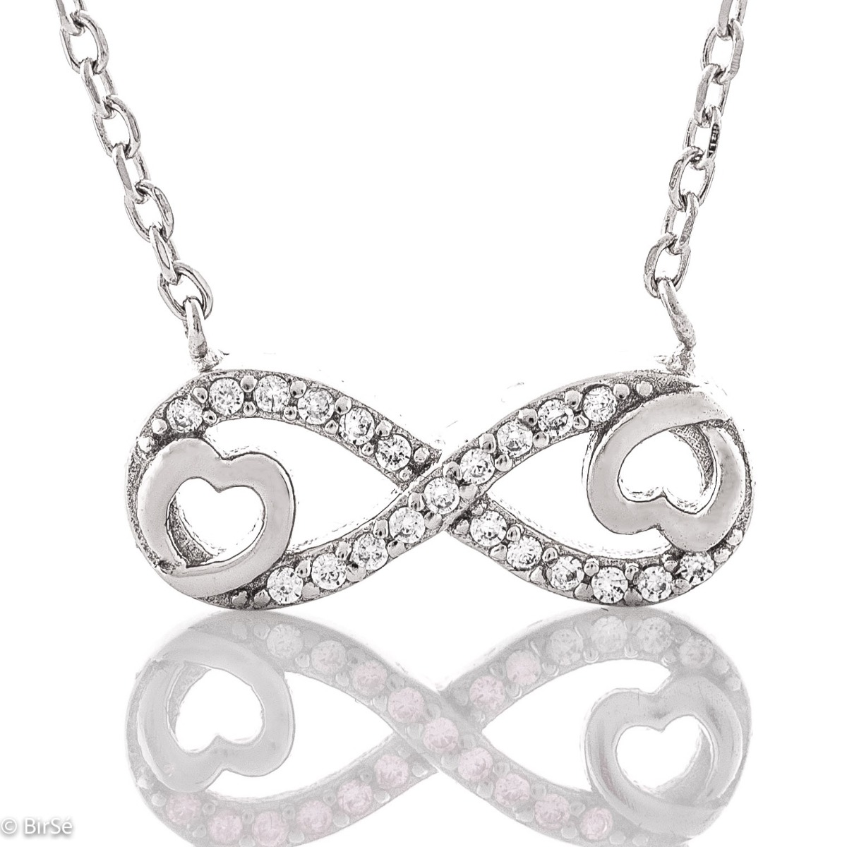 Delicate women's necklace with an exquisite infinity shape, intertwined with small hearts and precise craftsmanship entirely of rhodium-plated silver, complemented by sparkling zircons.