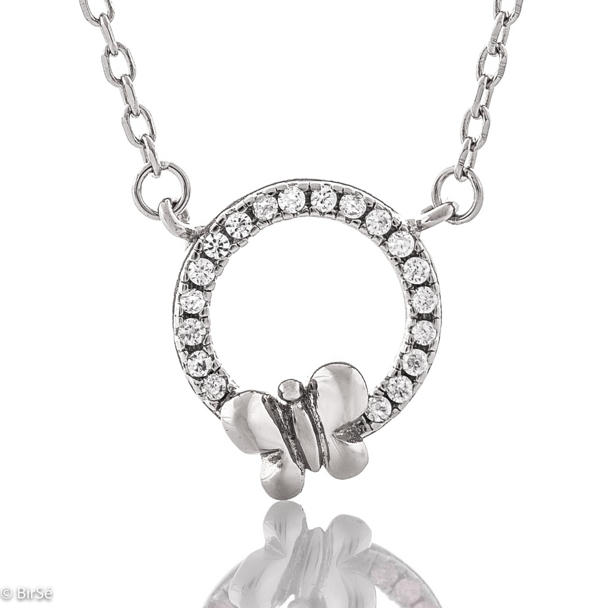 A lovely necklace of soft rhodium-plated silver, with an elegantly shaped circle, all covered with glittering zircons. A small, delicate butterfly is perched timidly on the stones. The necklace is an ideal gift to please a friend or beloved woman.