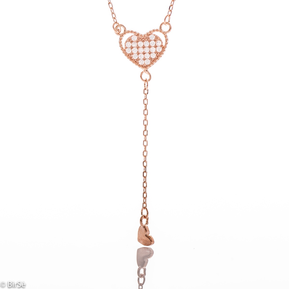 Elegantly crafted silver necklace - Heart, made of rhodium-plated rose silver. A pendant with a smaller delicate heart is placed under an elegant heart, completely studded with zircons. A piece of jewelry suitable for every lady with a romantic soul and e