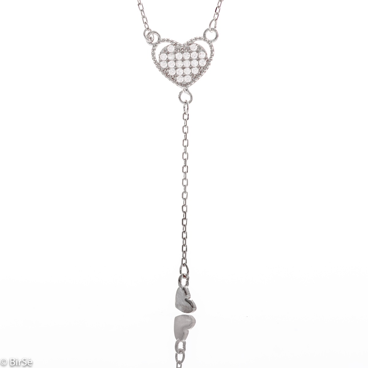 Elegant silver necklace - Heart, made of rhodium-plated silver. A pendant with a smaller delicate heart is placed under an elegant heart, completely studded with zircons. A piece of jewelry suitable for every lady with a romantic soul and eyes in love.