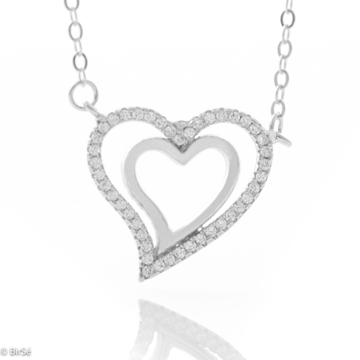 Elegantly crafted rhodium silver necklace with a romantic motif of two hearts in one. The exquisite shape and shine of the zircons will attract the eyes of everyone around you.