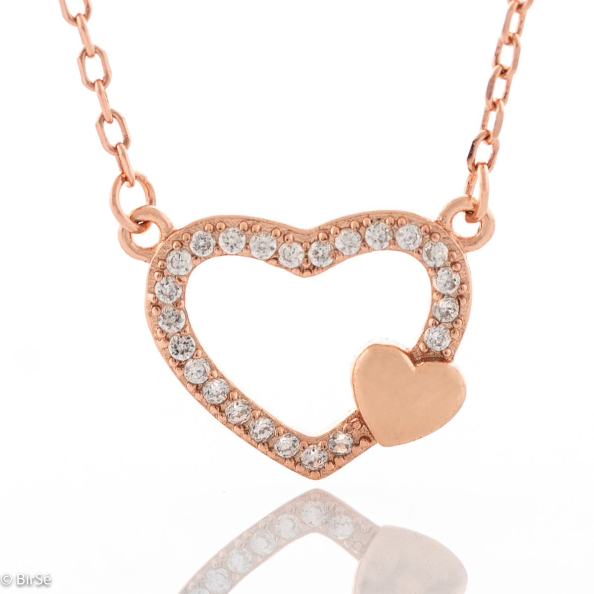 Temptingly crafted women's fine rose silver necklace with two hearts and countless glittering zircons. The jewelry is suitable for romantic ladies and also carries symbolism for expectant mothers carrying the new life under their heart.