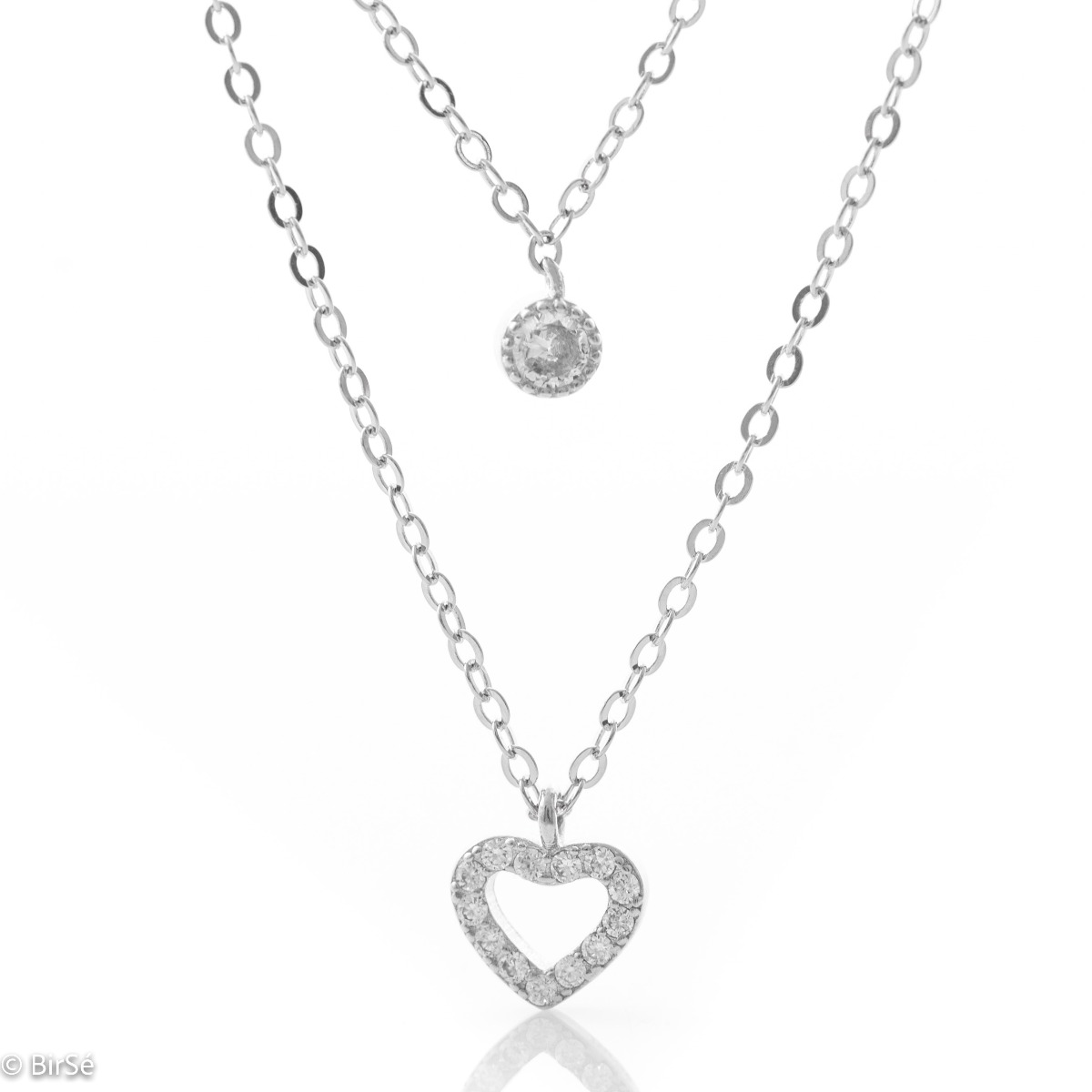 Elegant women's two-level necklace in classic soft silver with beautifully arranged heart pendants and sparkling zircon. Modern and popular model, suitable for everyday life or for more special moments.