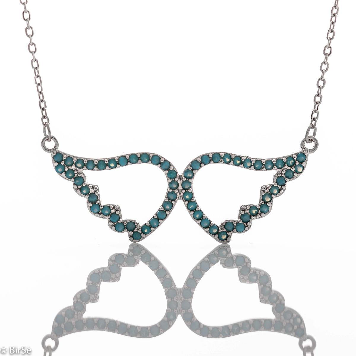 Delicate silver necklace with angel wings, spectacularly decorated with turquoise. Beautiful jewelry for blue-eyed ladies with gentle, angelic souls.