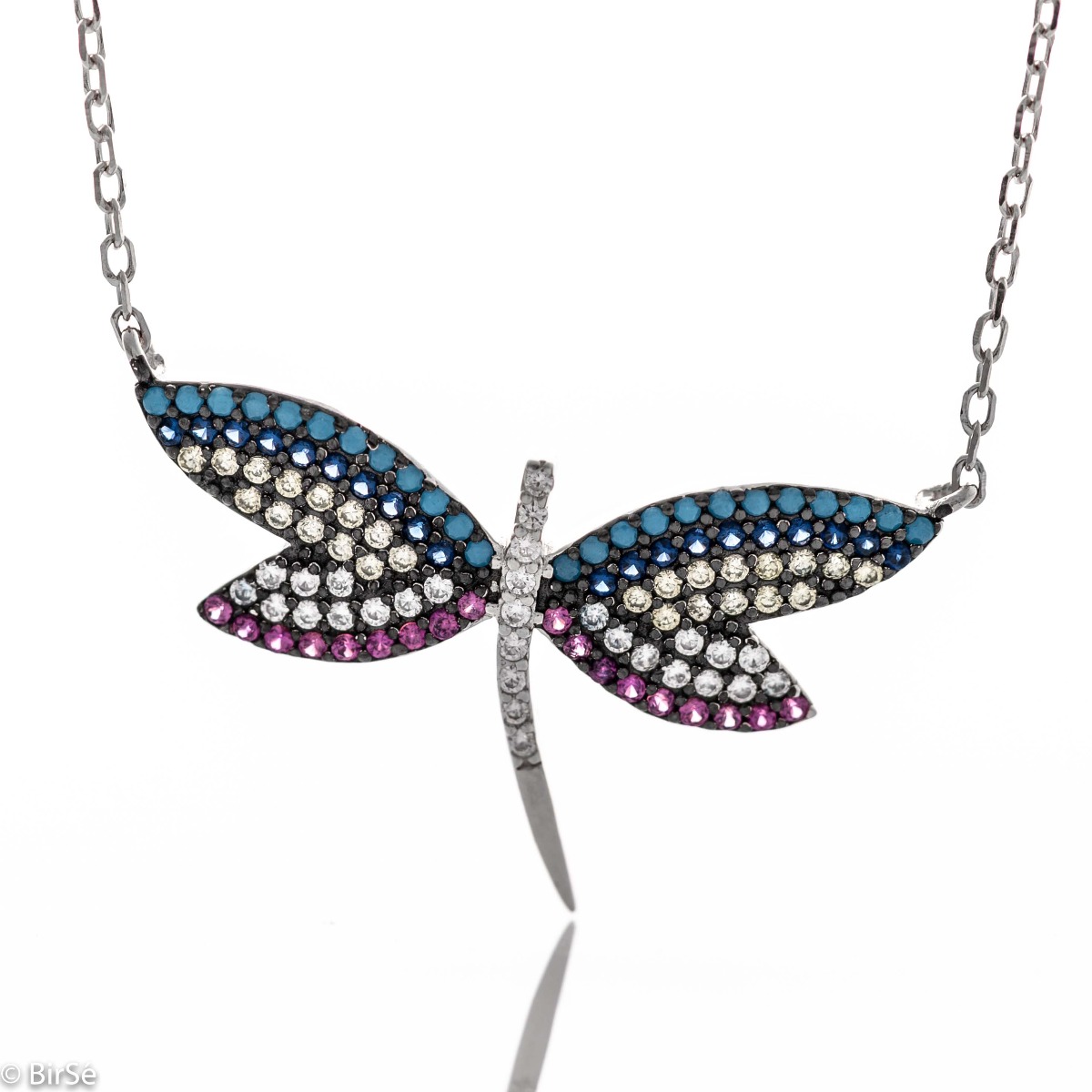 An exquisite silver necklace with a stunningly beautiful dragonfly, with wings delicately decorated with colorful zircons. A suitable gift for any occasion.