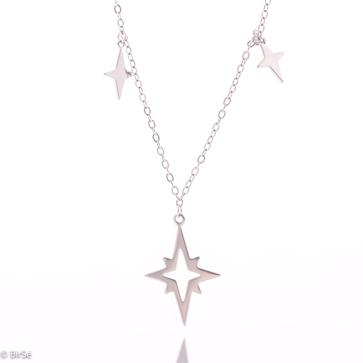 Stone-clear silver women's necklace with exquisitely crafted pendants, in the shape of the Vechernitsa star.