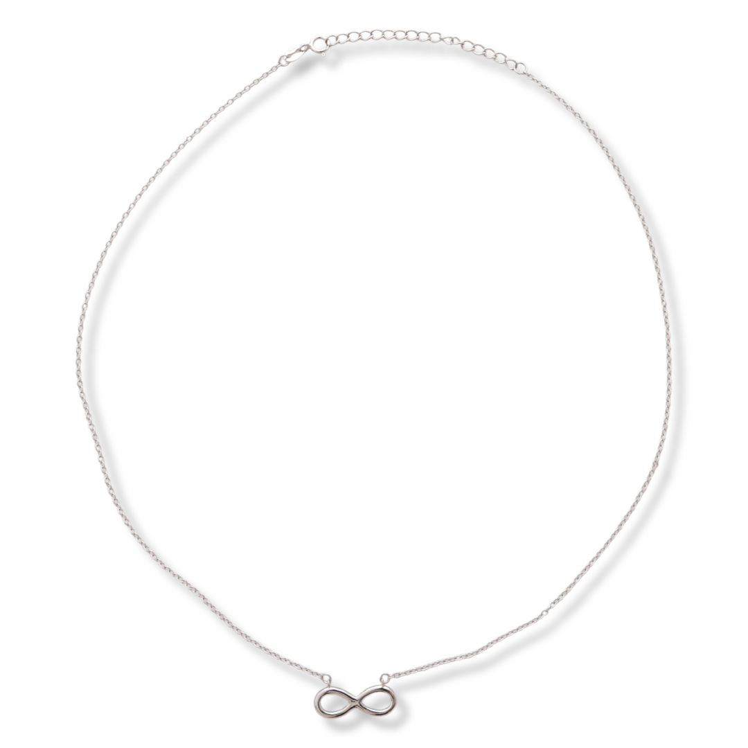 A stylish women's necklace, elegantly crafted from fine rhodium silver as a fine chain holding a simple infinity. The jewelry is suitable for every lady's everyday life.