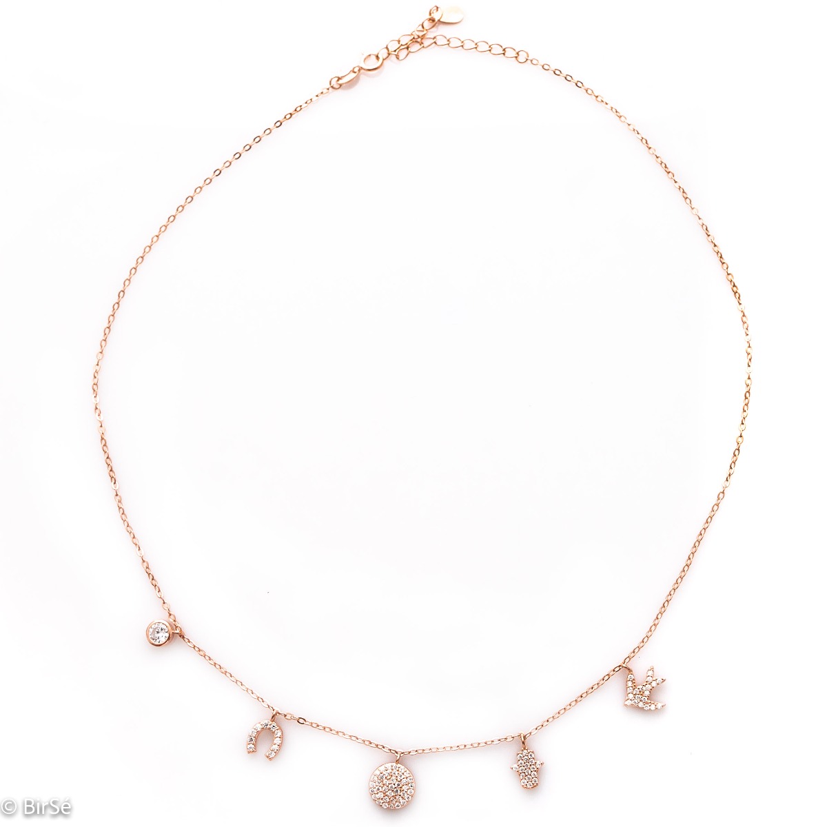 An exceptional silver necklace with precise and spectacular workmanship entirely of rose silver and numerous fine elements complemented by sparkling zircons.