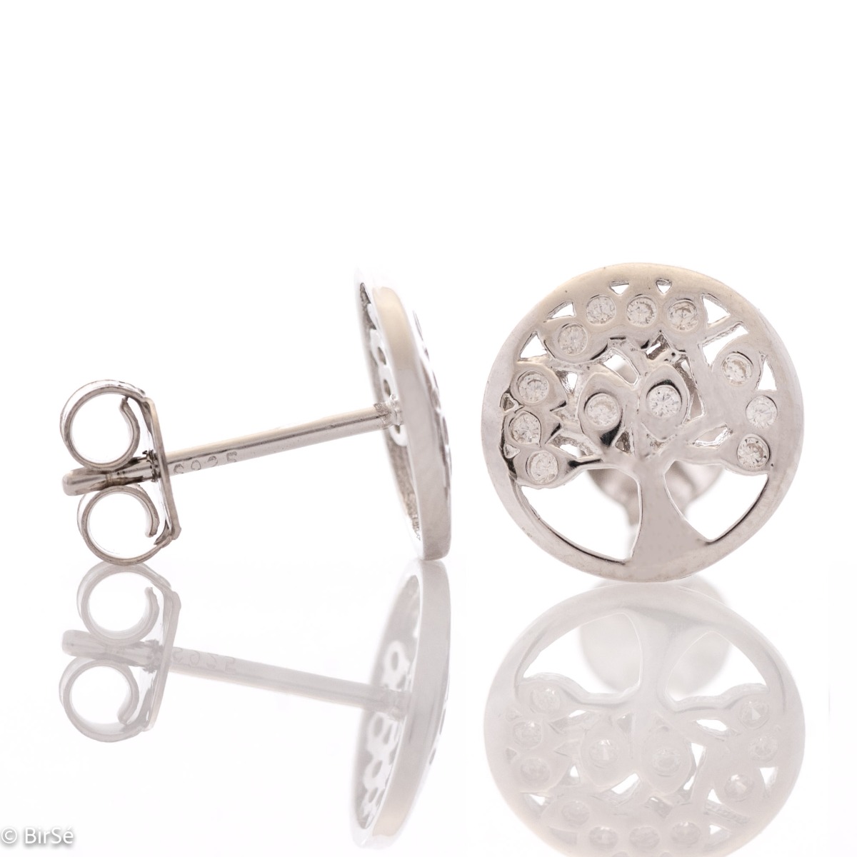 Captivating Women's Tree of Life Stud Earrings. They are made entirely of rhodium-plated silver and sparkling zircons. These earrings are a wonderful gift for your sweetheart. They can be combined with a pendant of the same model.