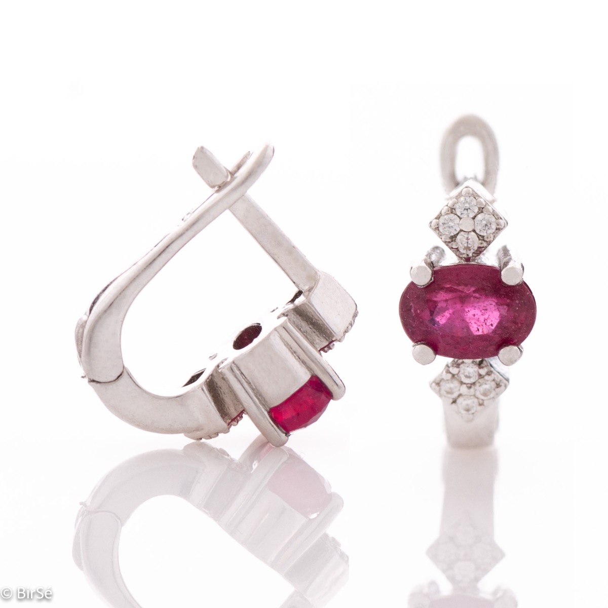 Exclusive women's earrings with English clasp and an exquisite combination of radiant natural ruby ​​with soft rhodium silver and sparkling zircons.