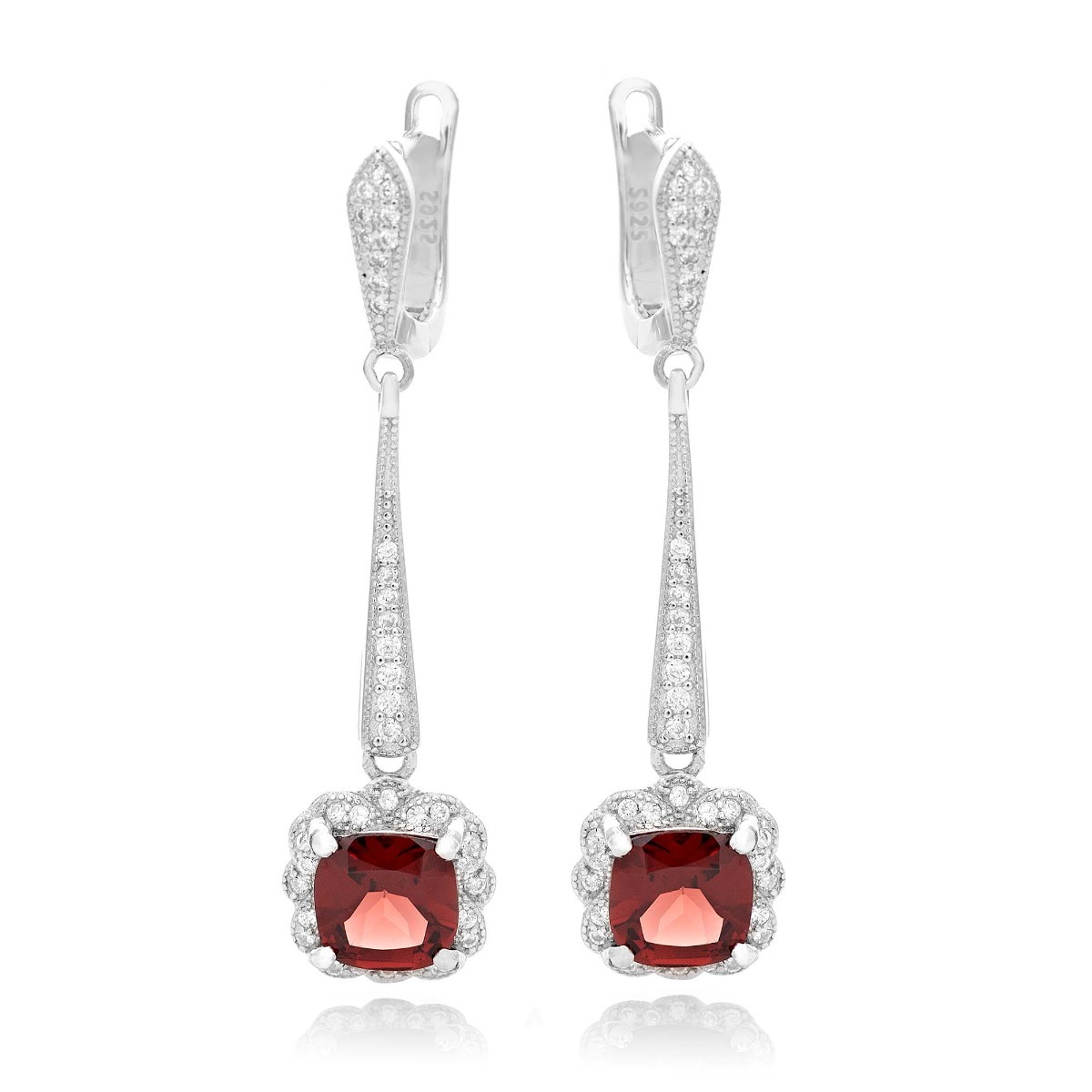 Exclusive ladies' dangling earrings with English clasp and delicate design, combining craftsmanship entirely from rhodium silver, complemented by natural garnet and zircons. They can be combined with a pendant and a ring of the same model.