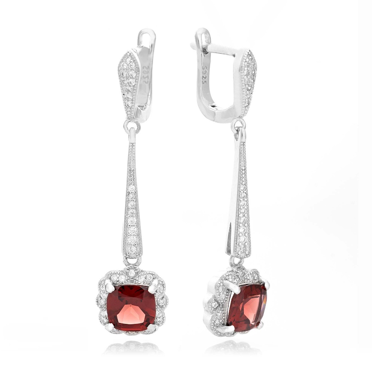 Exclusive ladies' dangling earrings with English clasp and delicate design, combining craftsmanship entirely from rhodium silver, complemented by natural garnet and zircons. They can be combined with a pendant and a ring of the same model.