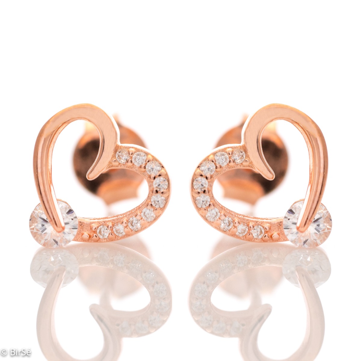 Elegant women's heart earrings, with gentle curves and made entirely of beautiful rose silver. The added fine zircons make the jewelry even more charming.