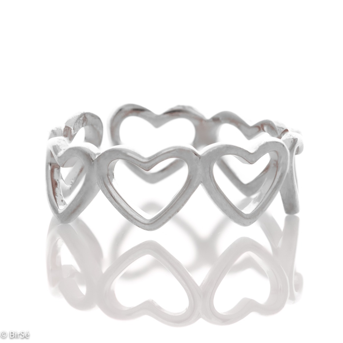 Charming women's jewelry, in the form of a beautiful ring, with elegant hearts made entirely of soft rhodium-plated silver. A wonderful gift for the beloved girl.