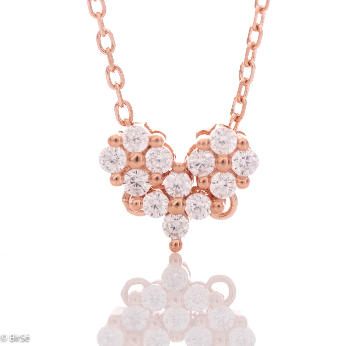 A charming delicate necklace with an elegant heart design, made entirely of fine rose silver and sparkling zircons.