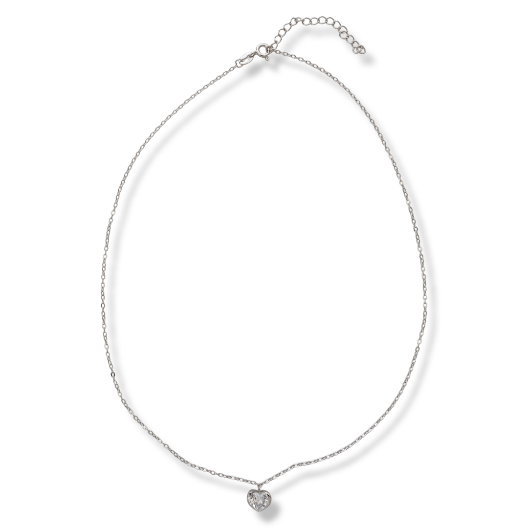 Captivating necklace in sparkling rhodium silver, with a fine classic chain and a heart pendant made of zircons. Suitable jewelry for young and loving ladies.