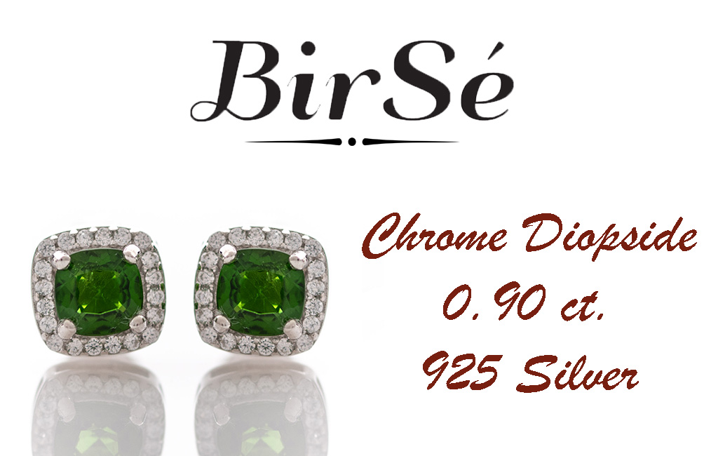 Finely crafted rhodium silver stud earrings with stunning natural chrome diopside in the center surrounded by sparkling cubic zirconias. Can be combined with a ring and pendant from the set.