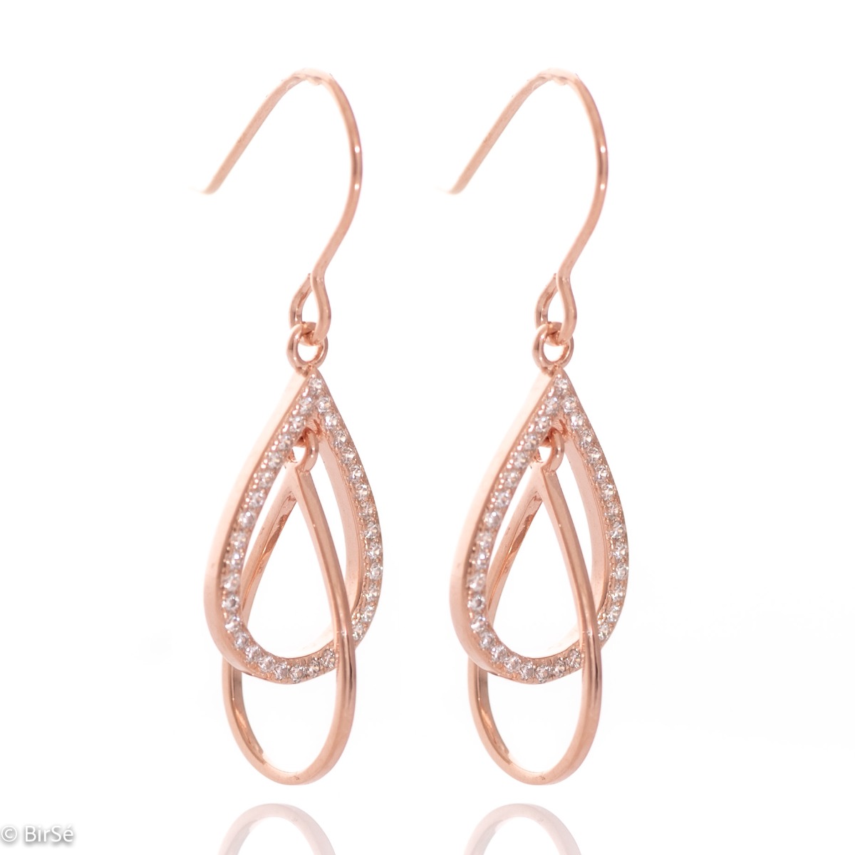 Delicate dangling earrings in fine rose silver, with drop-shaped elements, decorated with sparkling zircons. Fastening willow - fast, comfortable and preferred by the ladies.