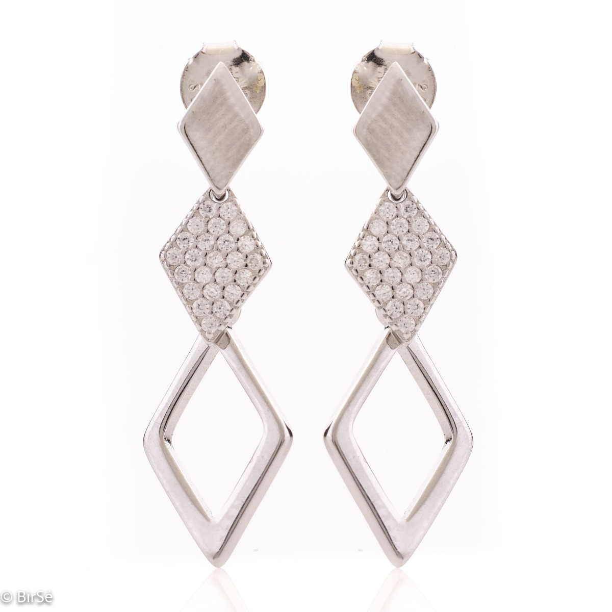 Charming women's dangle earrings crafted entirely from delicate rhodium silver and exquisitely embellished with dazzling cubic zirconias. Rhombus-shaped elements and sparkle of zircons - simply charming. Fastening with a pin is for more convenience and co