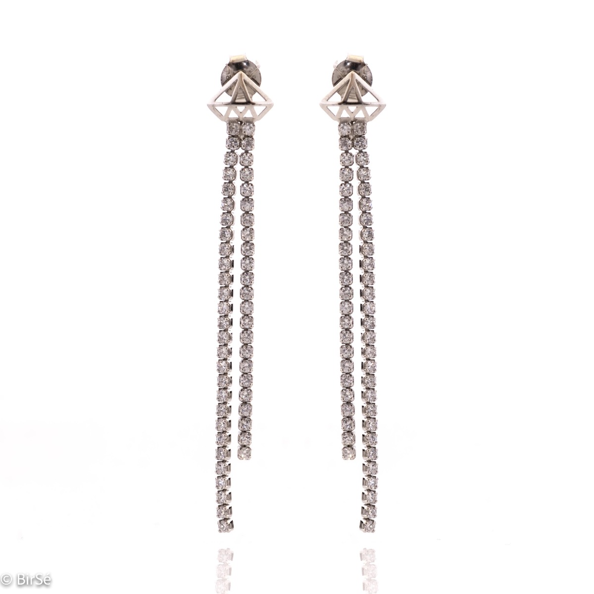 Charming women's earrings, elegantly formed by two delicate silver chains, completely covered with sparkling zircons. The earrings are fastened with a pin, for greater convenience and security.