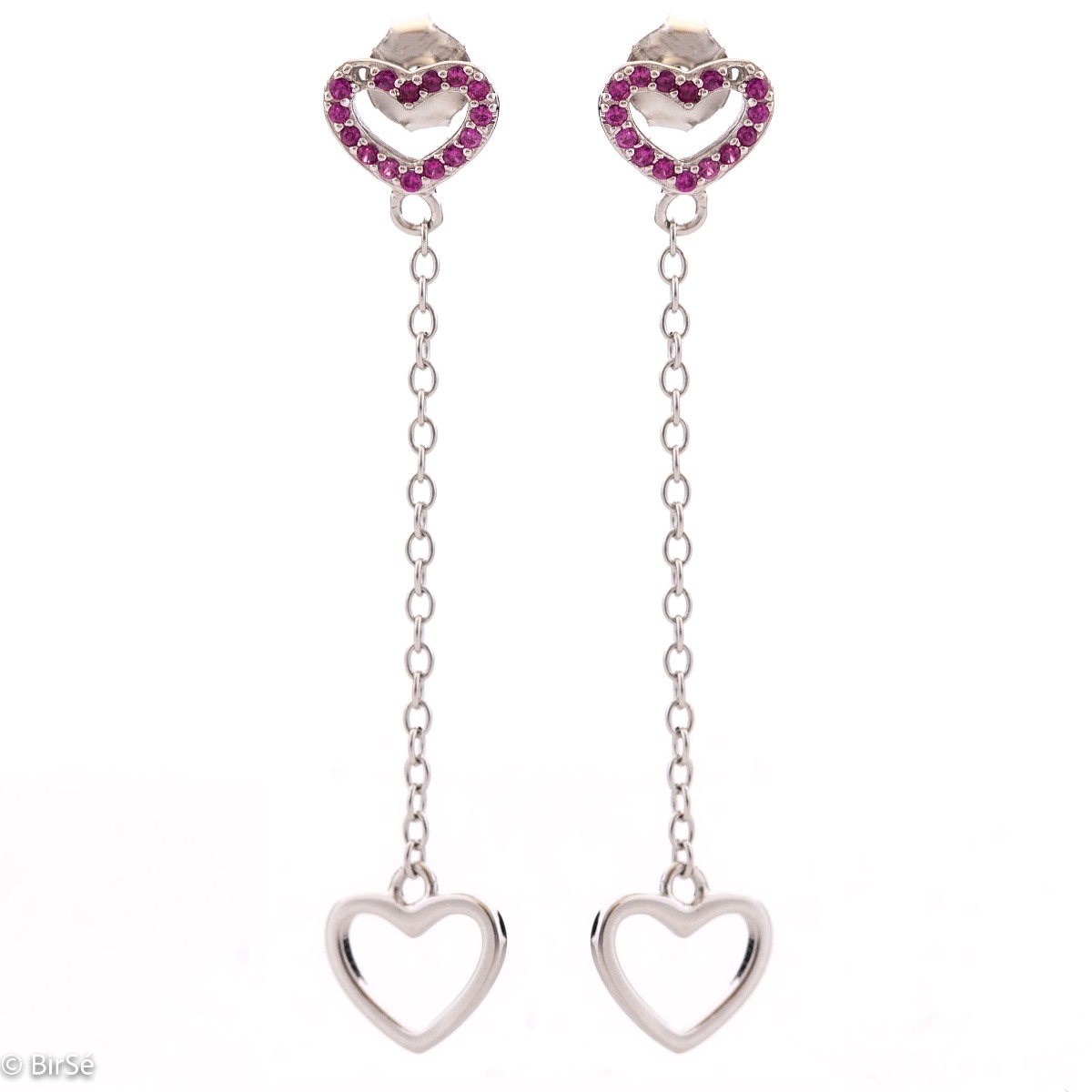 Delicately elegant silver stud earrings with subtle design elements. Stylish craftsmanship from an exquisite combination of a rhodium-plated silver chain with a heart of zircons.