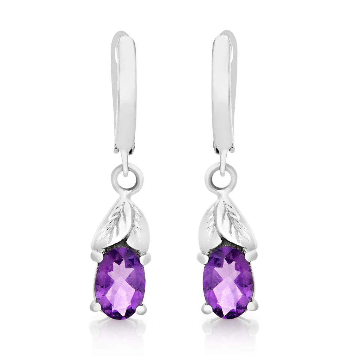 Beautiful dangle earrings for women with English clasp and delicate floral elements, combining natural amethyst stone with exquisite and fine craftsmanship of rhodium silver. The earrings come with a ring and a pendant.