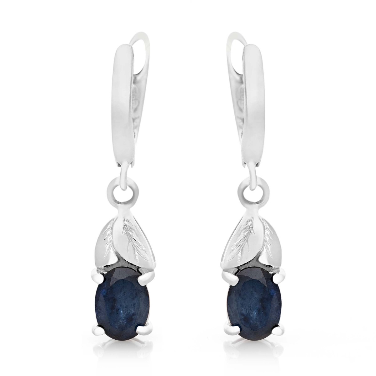 Beautiful dangle earrings for women with English clasp and delicate floral elements, combining a natural sapphire stone with exquisite and fine craftsmanship in rhodium silver.