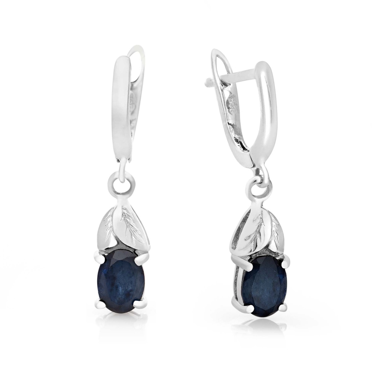 Beautiful dangle earrings for women with English clasp and delicate floral elements, combining a natural sapphire stone with exquisite and fine craftsmanship in rhodium silver.