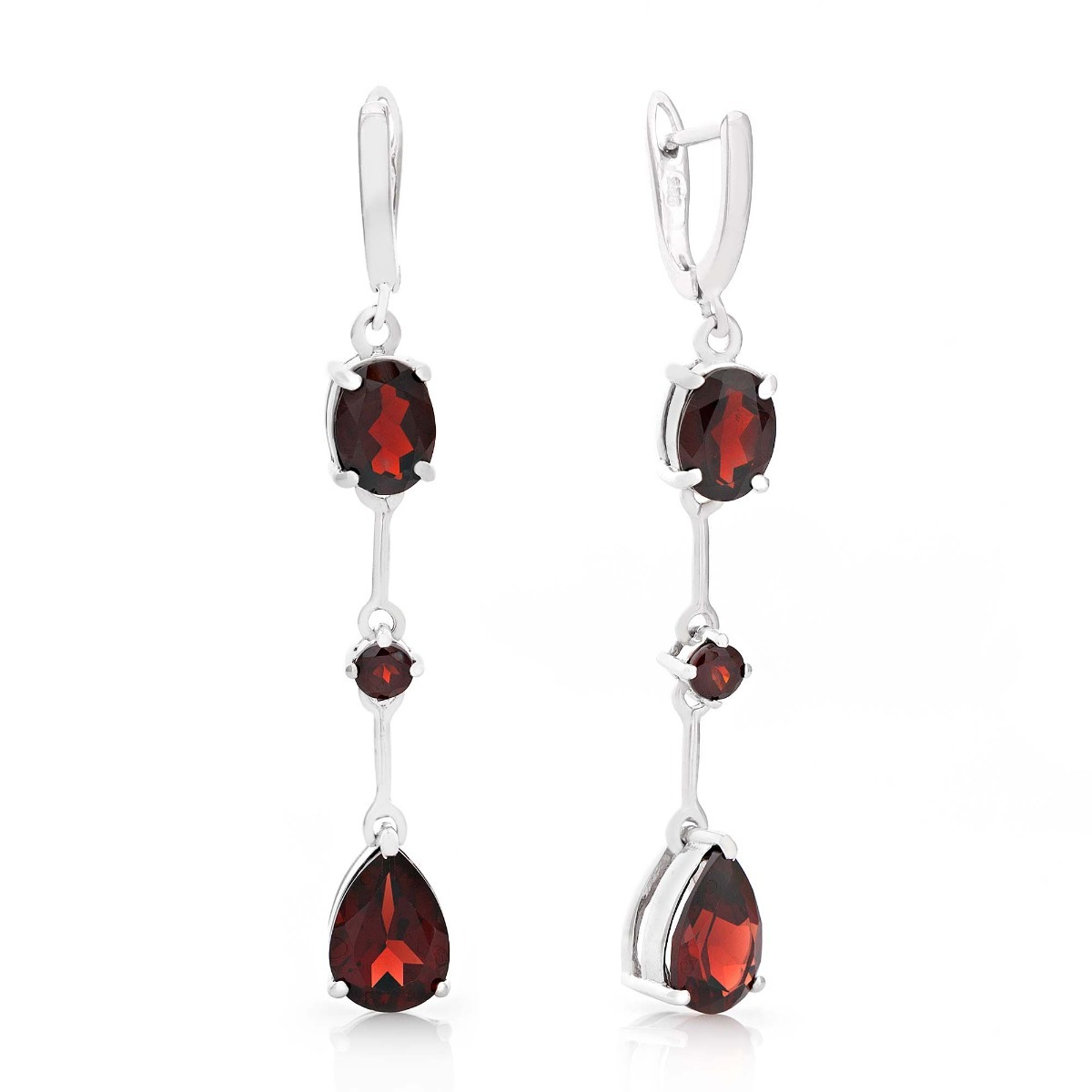 Elegant women's dangle earrings with a comfortable English clasp. The elements are made of fine rhodium-plated silver in combination with mystical natural garnet. The perfect piece of jewelry for your special moment. You can combine with the lovely pendan