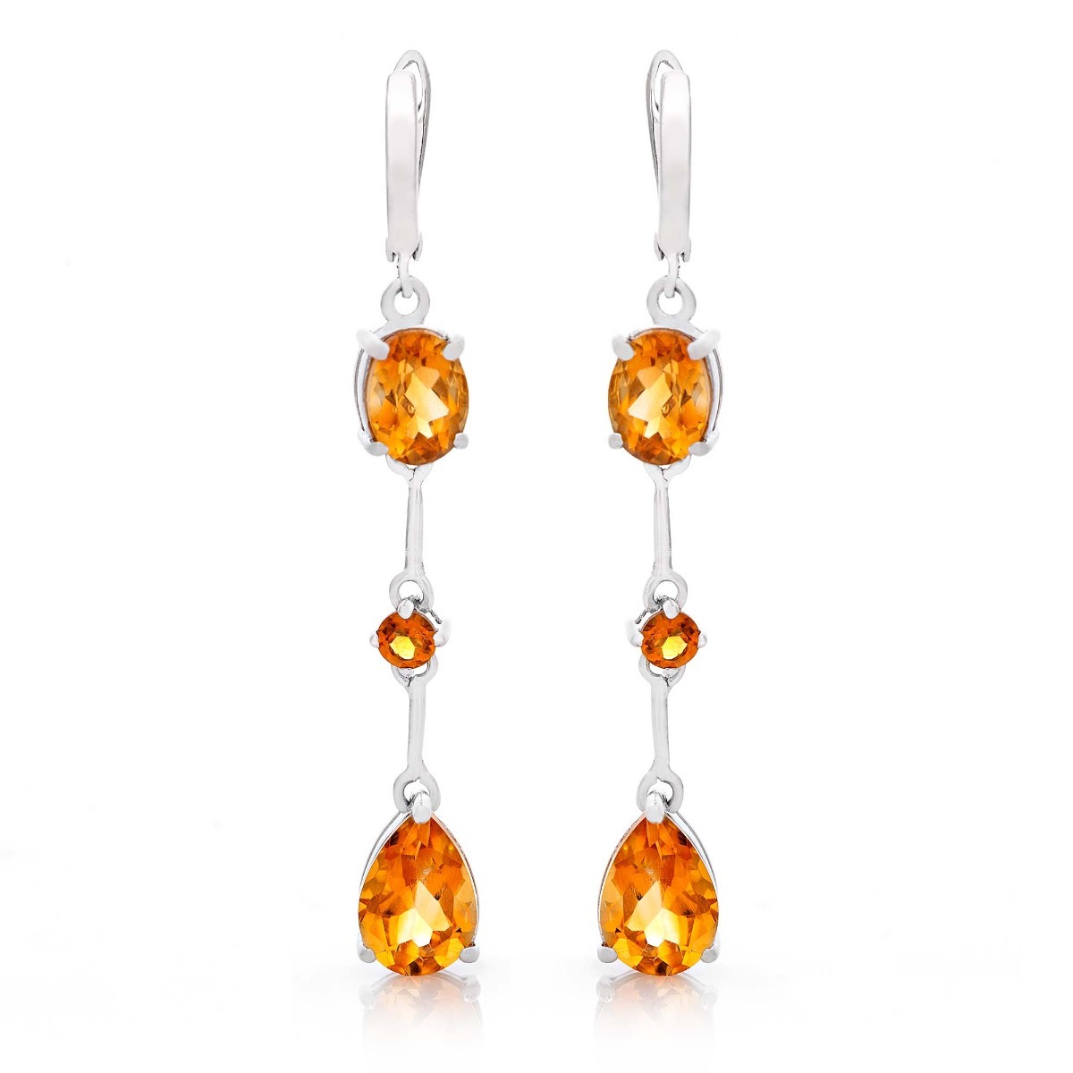 Elegant women's dangle earrings with a comfortable English clasp. The work of the elements is of fine rhodium silver combined with dazzling fire citrine. The perfect piece of jewelry for your special moment. You can combine with a lovely ring and pendant 