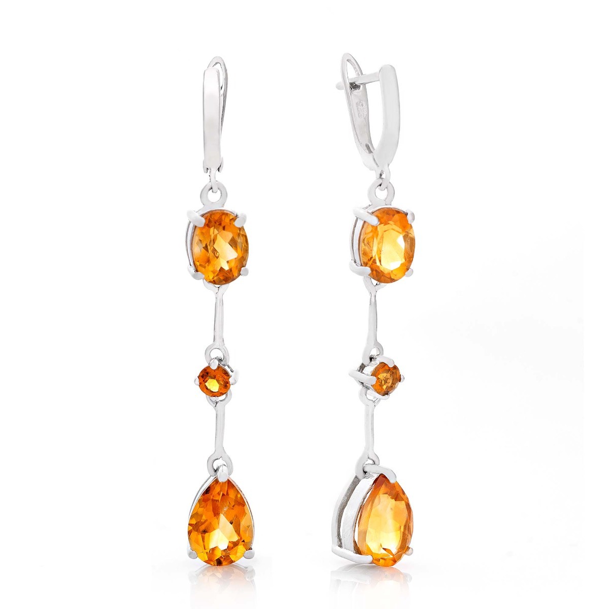 Elegant women's dangle earrings with a comfortable English clasp. The work of the elements is of fine rhodium silver combined with dazzling fire citrine. The perfect piece of jewelry for your special moment. You can combine with a lovely ring and pendant 