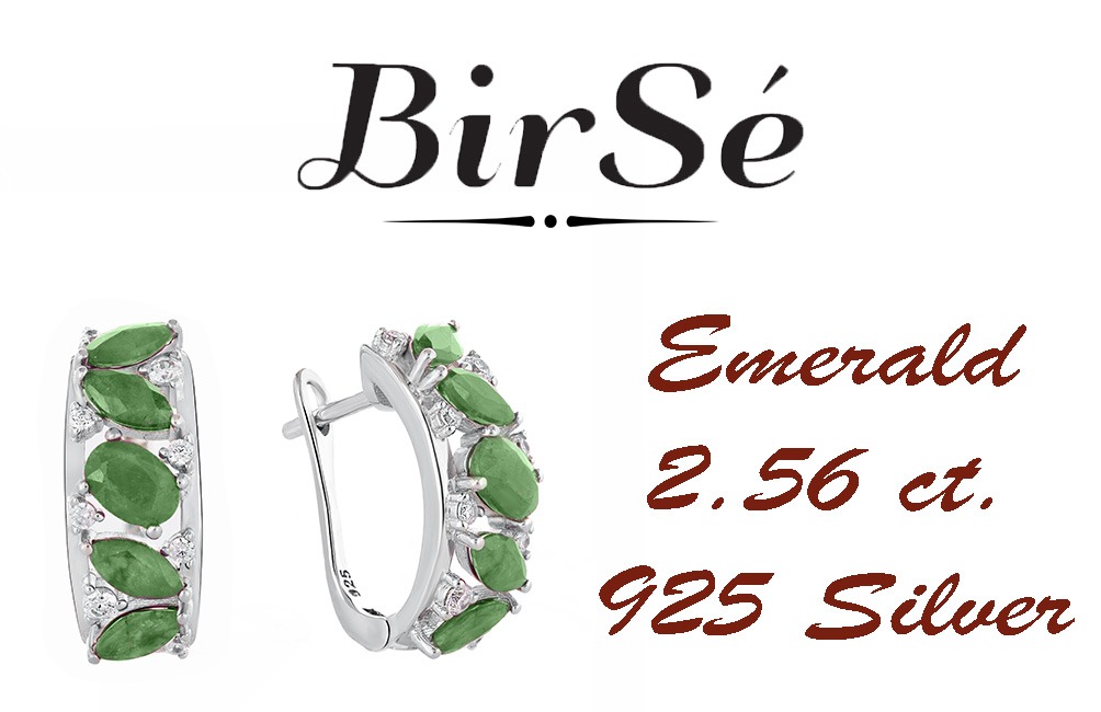 Magnetic ladies earrings with English clasp and a delicate combination of beautiful rhodium silver with a charming natural emerald stone, complemented by the sparkle of zircons.