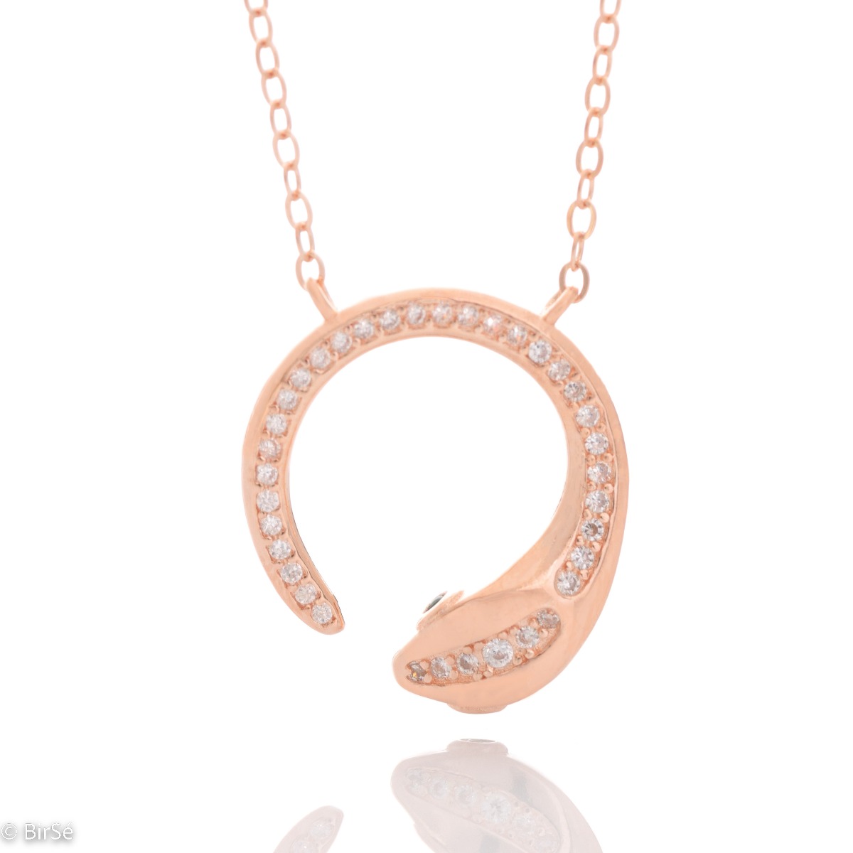 Elegant women's necklace with rose silver design. The piece of jewelery has a captivating craftsmanship - a delicate chain holding a delicate element in the shape of a snake, elegantly decorated with sparkling zircons.