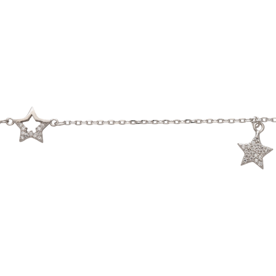 An elegant women's bracelet made of soft silver with exquisite workmanship, decorated with fine elements stars and sparkling zircons. The bracelet has an extension, for greater convenience when adjusting the length.