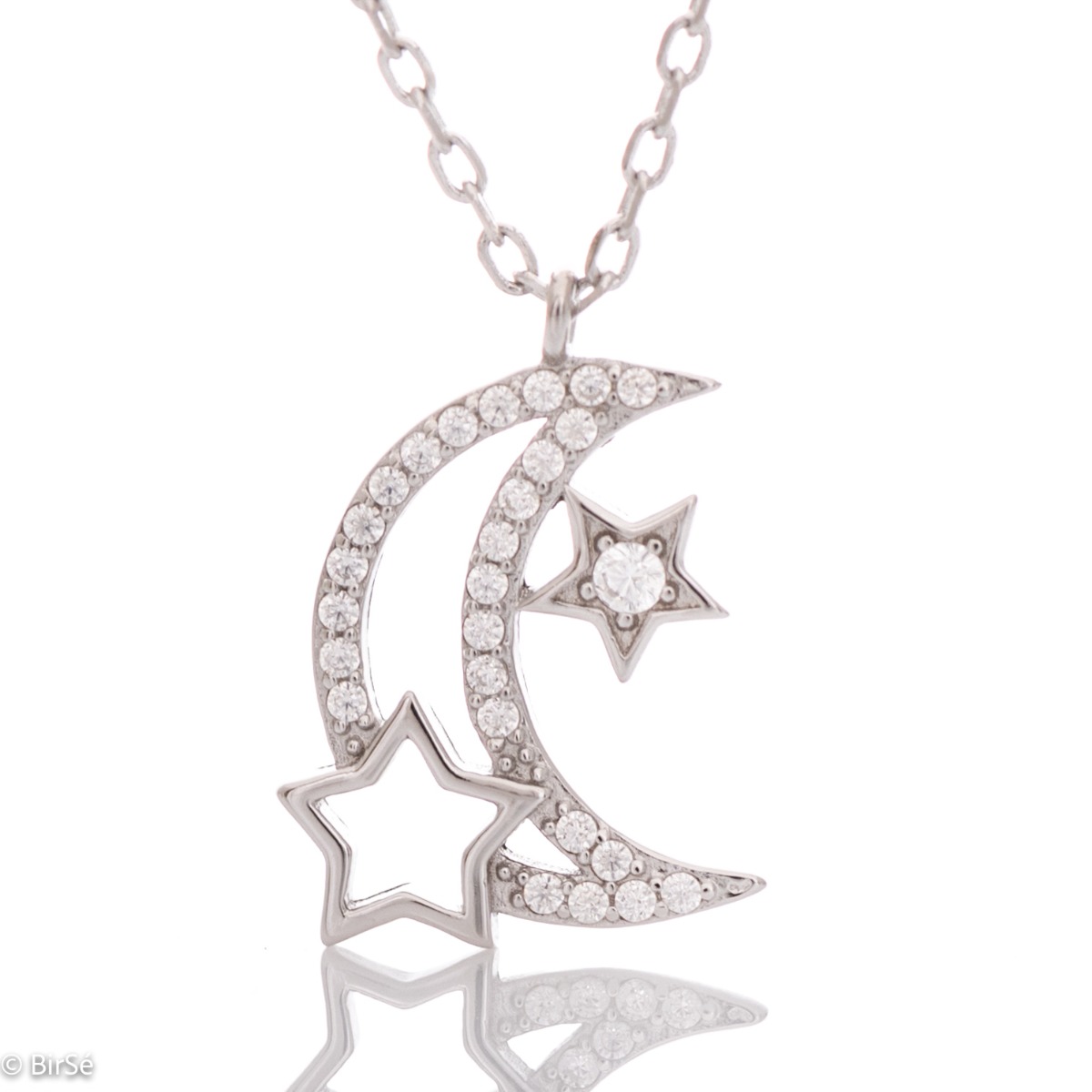 Elegant women's necklace with an exquisite design of rhodium-plated silver. The jewelry is of unique craftsmanship - a gentle moon, fully decorated with zircons, charmingly shines in the company of glittering stars.